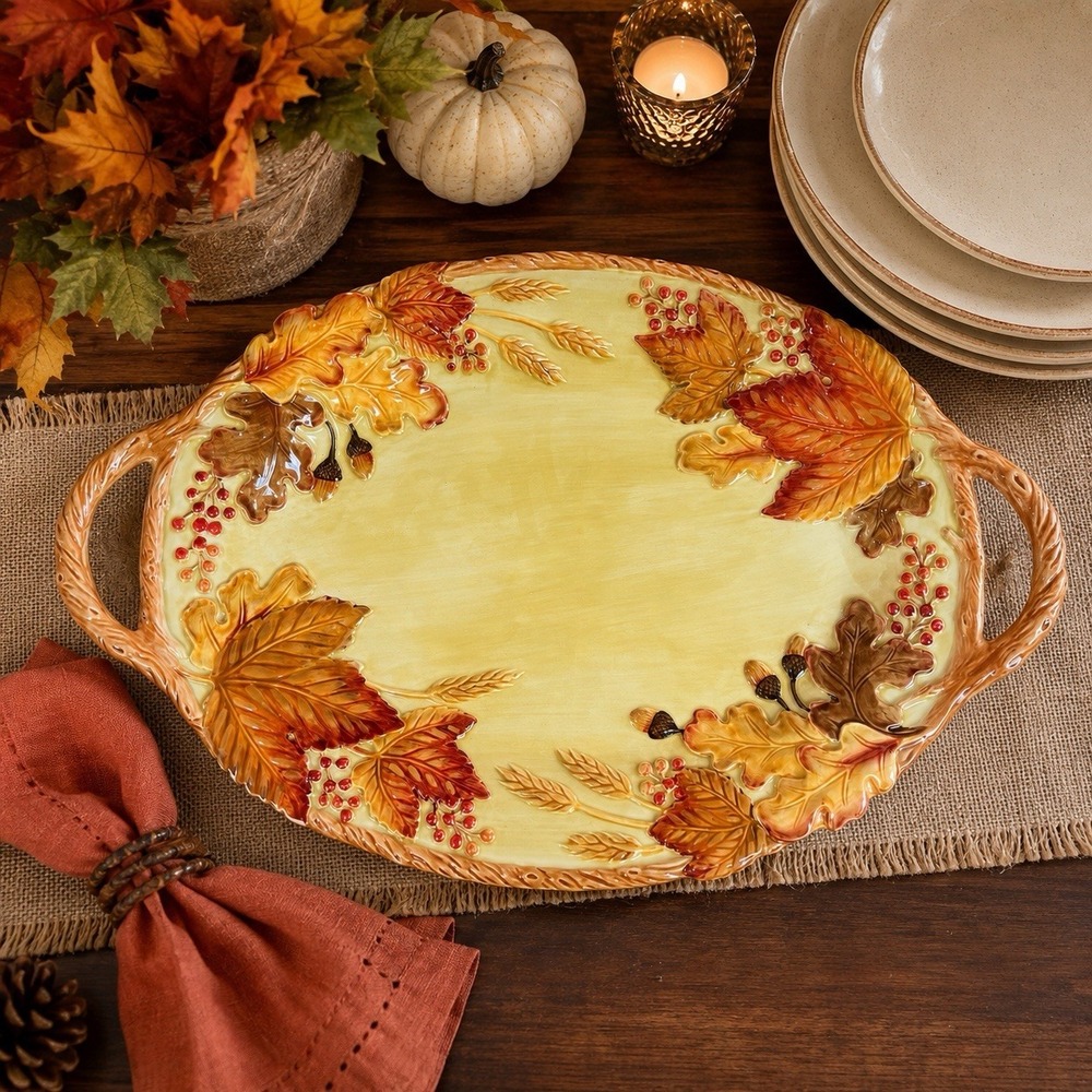Fitz & Floyd Harvest Oval Serving Platter Tray Fall Leaves 20" Thanksgiving EUC